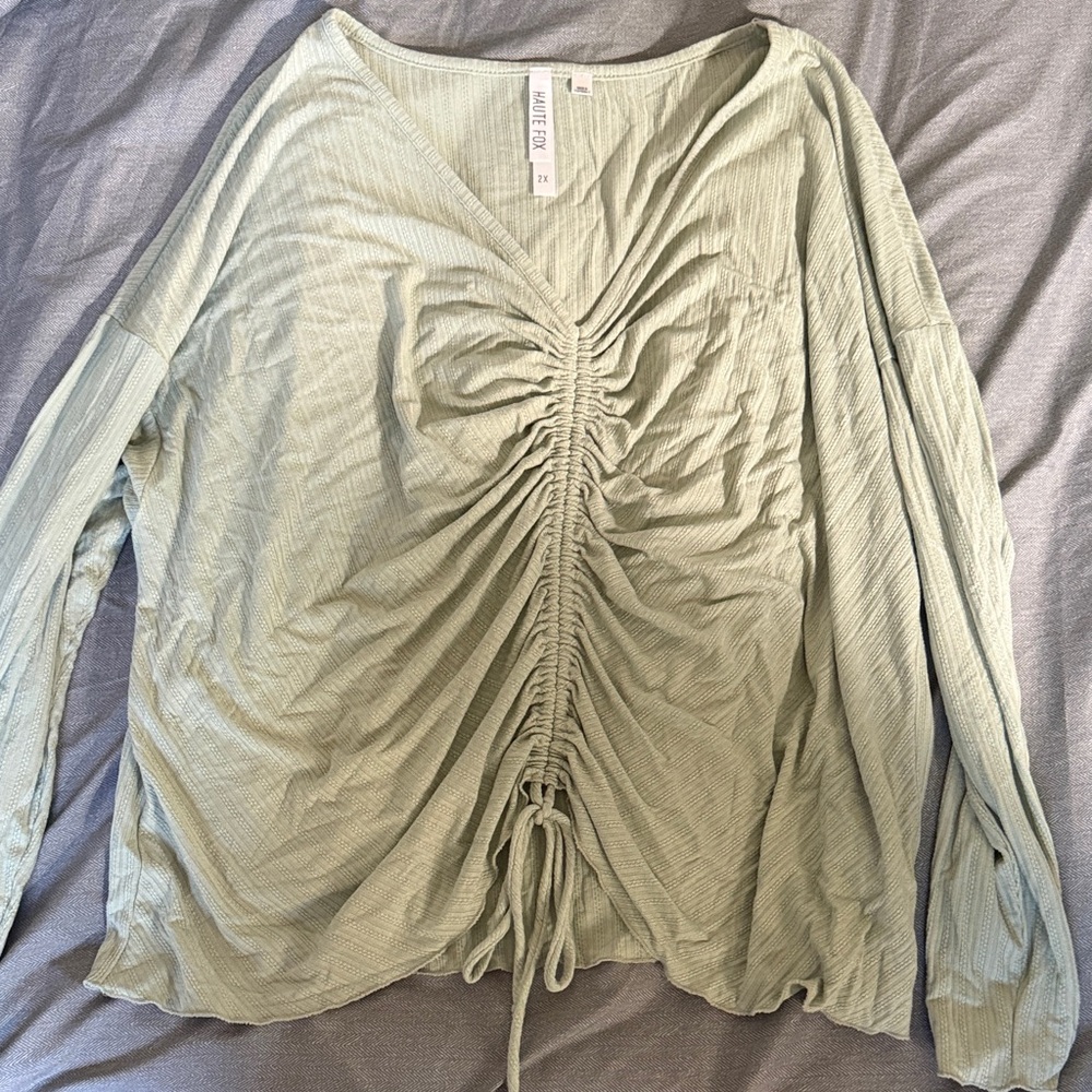 Sage Green Ruched V-Neck Long Sleeve Top